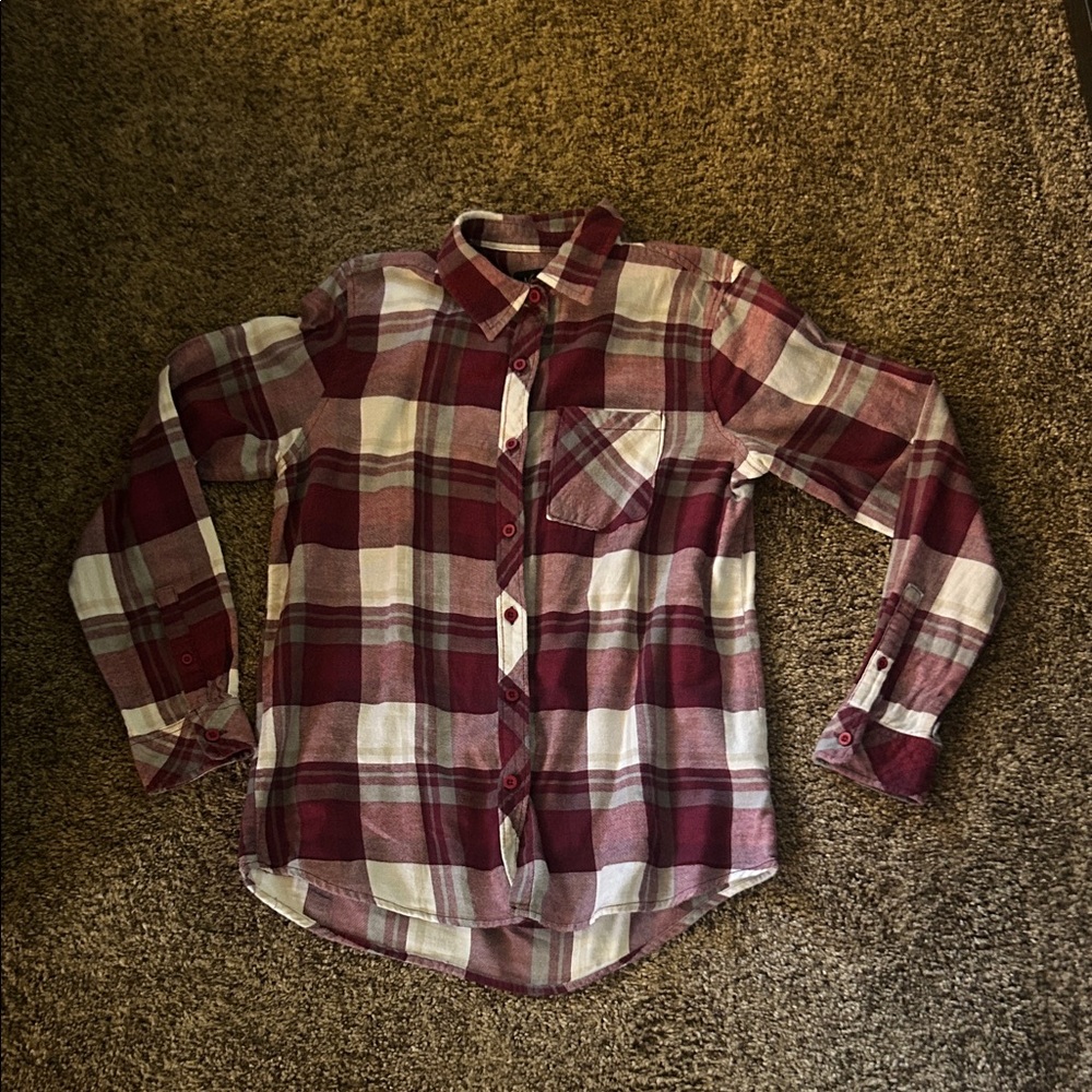 Casual Burgundy and White Plaid Button-Down Shirt